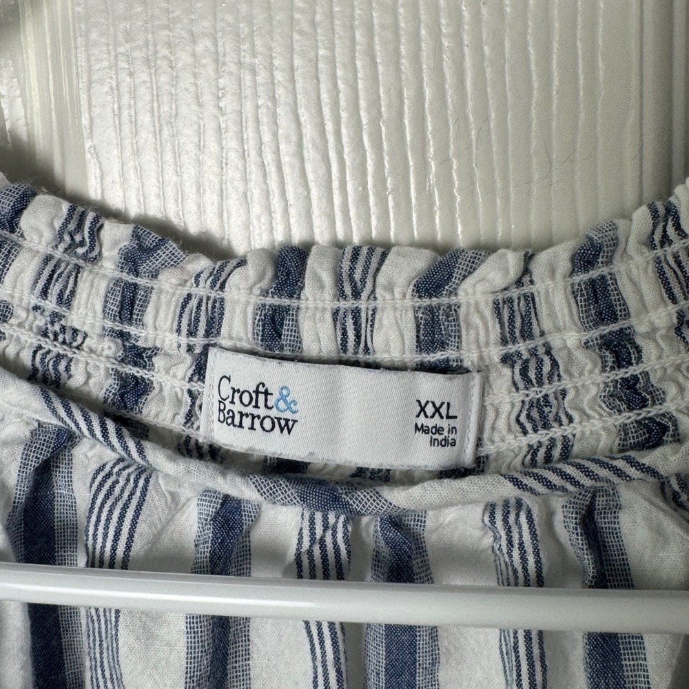 Croft & Barrow Blouse Women XXL Blue White Striped Smocked Button ‎ 3/4 Sleeve - Picture 4 of 6